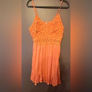 Dokurito Spaghetti Strap Large Orange Lace Overlay Summer Dress